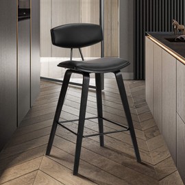 Armen Living Fox 28.5" Bar Height Black Faux Leather and Black Wood Mid-Century Modern Bar Stool