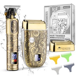 Suttik Juego profesional de cortapelos y afeitadoras eléctricas, recortadora de barba para hombres, kit de aseo de barba eléctrico con 2 cabezales de lámina y peines de límite, regalo para hombres, bronce