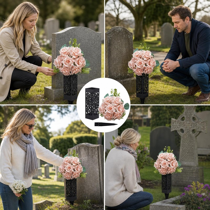 MXHBSTP 2 pcs Artificial Flowers for Graves, Memorial Vases for