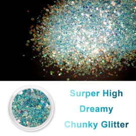 Renfio Opal Chunky Glitter, 1.75oz/50g Blue High Sparkle for Crafts - Holographic Fine Mix Iridescent Flakes for Resin, Nails, Art, Hair, DIY, Snow Globe - Azure Sky