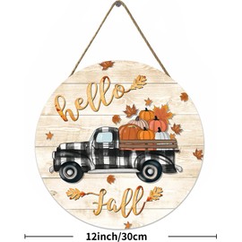 BMOWLLYSG Fall Truck Wall Decor Hello Fall Door Sign Wooden Fall Door Wreath Rustic Truck Maple Leaf Pumpkin Door Hanging Harvest Thanksgiving Porch Farmhouse Interior Decor 12x12 Inch