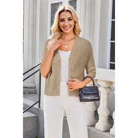 Arach&Cloz Womens Spring Summer 2024 Cardigan Sweaters Short Sleeve Button Crochet Knit Shrugs Fashion Tops Khaki