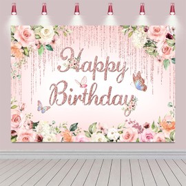 2.4 x 1.8 m Photo Background Birthday Rose Gold Floral Butterfly Happy Birthday Sign Photography Background Women Girls Princess Birthday Party Decorations Banner Photo Studio Props