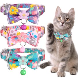 Cat Collar Breakaway, HYQHYX Floral Kitten Collar with Bell, Cute Cat Collar with Bow for Girl Boy Removable Bowtie