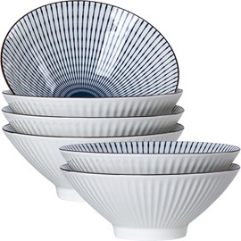 Dyware 38 oz Japanese Ramen Bowls Set of 6, Large Pho Bowls, 8 Inch Ceramic Blue and White Soup Bowls, Striped Pattern