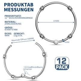 COFTCLMOMT Pack of 12 Silver Shower Rings for Shower Curtain, Diameter 47 mm, Rustproof Zinc Alloy Shower Curtain Rings, Curtain Hanging Rings for Shower Curtains and Curtain Rods, Book Rings (Silver)