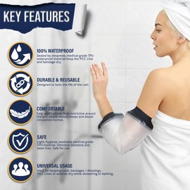 Waterproof Cast Cover for Shower Waterproof PICC Line Shower Covers for Upper Arm Adult Reusable Watertight Wound Bandage Sleeve Protector for Elbow/Arm