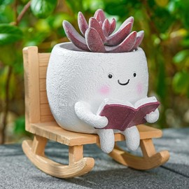 Rocking Chair Emoticon Reading Book Resin Planter with Drainage Hole, Resin Flower Pot Indoor Outdoor, for Flowers Plants, Succulents, Seed Starting Pot