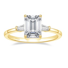 EAMTI 3CT 925 Sterling Silver Gold Engagement Rings 3-Stone Emerald Cut Cubic Zirconia CZ Wedding Promise Rings for Her Wedding Bands for Women Size 7.5
