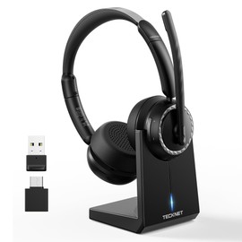 TECKNET TECKNET Wireless Headset, 5.3 Bluetooth Headset with AI Noise Cancelling Mic, Computer Headset Rechargeable, USB Dongle, Charging Base, On-Ear Headphones for Trucker/Remote Work/Call Center