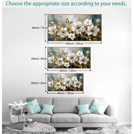 Wall Art Modern Flower Artwork Paintings White Blossom Gold Leaf Butterfly Landscape Picture wall Decor for Living Room Bedroom Kitchen 30"x60" with Framed