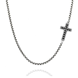 LeCalla 925 Sterling Silver Cross Necklace for Men | Antique Sideways Cross Necklace with Pave Cubic Zirconia | Men's Cross Pendant with Venetian Box Chain 26 Inches