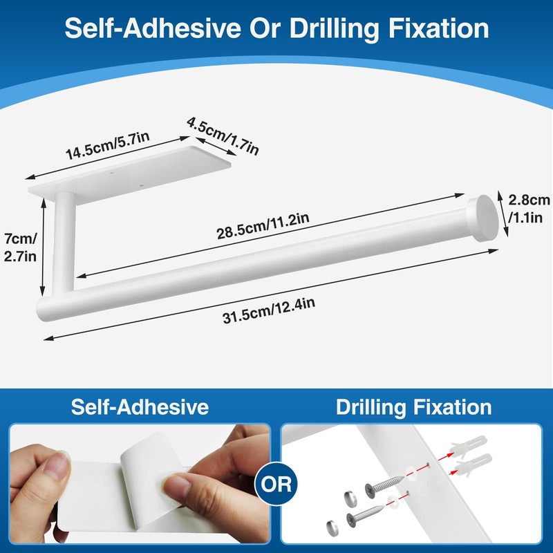 Paper Towel Holder - Self-Adhesive or Drilling, White Wall Mounted