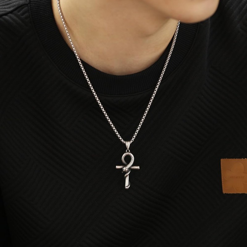 Rockyu Men's Stainless Steel Snake Motif Cross Necklace Silver Chain