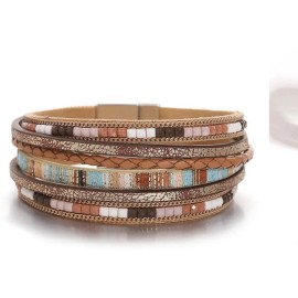 Boho 6 Pcs/set Seed Bead Bracelet Soft Pink Blue Leather Magnetic Clasp