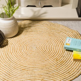 ETHNICITI Round Beige Natural Jute Cotton Braided Handwoven Boho Bohemian Reversible Stylish Area Rug Mat for Hallway Bedroom Lounge Living Dining Study Utility Room Pet Yoga High Traffic - 60cm/2ft