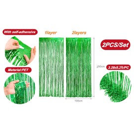 BRAVESHINE 2PCS Green Tinsel Foil Fringe Curtain Party Backdrop - 3.2x8.2ft Sparkle Tinsel Metallic Curtains for Kids Birthday Christmas St Patricks Jungle Dinosaurs Hawaiian Luau Party Decorations