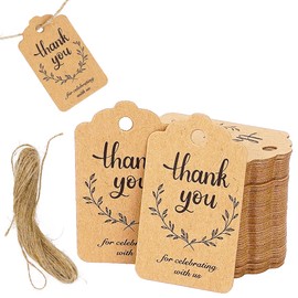 BUNCHBRAVO Thank You Tags with String – 100 Pack Kraft Paper Gift Tags with Jute Twine, Rustic Thank You for Celebrating with Us Labels for Wedding Favors, Showers and Birthdays