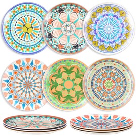Sunnychicc 12 Pcs Round Platters Reusable 8 Inch Serving Dishes for Kitchen Thickened Heavy Duty Plastic Serving Platter for Luncheon Salad Dessert Sushi Appetizer(Bohemian,Colorful)