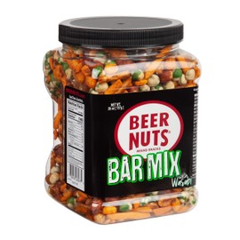 BEER NUTS Bar Mix w/Wasabi - Pretzels, Cheese Stix, Sesame Stix, Insane Grain & Wasabi Peas - 26oz Family Size Resealable Jar (Pack of 1)