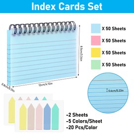 Revision Cards, 200 Sheets Lined Flash Cards Spiral-Bound, Index Cards 3X5 Inches, 4 Packs Coloured Note Cards and Index Tabs, Tearable Record Cards Paper for Office, Home, School, Study Essentials