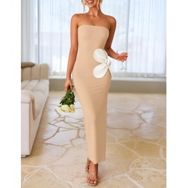 ZESICA Women's Summer Strapless Bodycon Maxi Dress 2025 Ribbed Knit Backless Floral Tube Cocktail Party Long Dresses,Apricot,Large