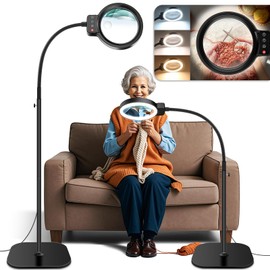 30X 10X Large Floor Magnifying Glass with Light and Stand,72 LED Flexible Gooseneck Floor Magnifying Lamp,2 in 1 Lighted Magnifiers for Close Work, Sewing,Crafts,Hobbies（Black）