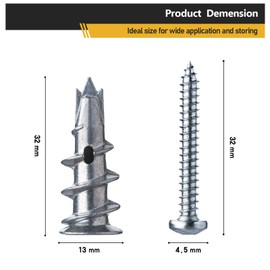 Metal Plasterboard Fixings, 50 Heavy-Duty Self-Drilling Anchors with Screws for Concrete, Bricks, and Plasterboard Installation