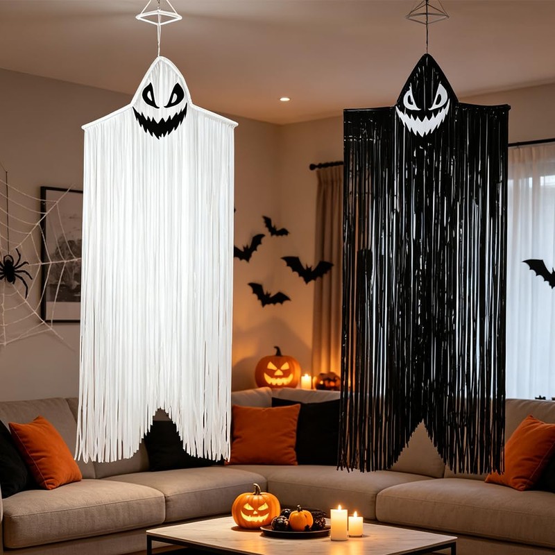 2 Pack Hanging Halloween Decorations Skeleton Ghost Outdoor Black &