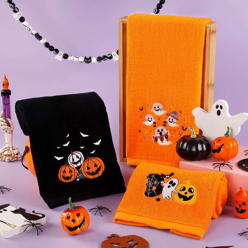 Quera 3 Pack Halloween Hand Towels Ghost Pumpkin Embroidered Premium
