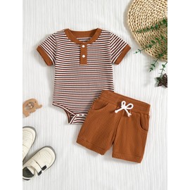 Hihosdor Baby Boy Outfits Ribbed Short Sleeve Striped Romper Top Solid Color Shorts Set with Pockets Baby Boy Summer Clothes, Brown, 0-3 Months