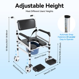 Rolling Shower Chair with Wheels - Bedside Commode Chair for Toilet with Arms, Adjustable Height Folding Bath Commode Wheelchair, Bathroom Chair for Elderly, Disabled, Injured