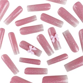 24 Pcs Coffin Press on Nails Long Fake Nails Nude Pink Full Cover False Nails with Bow Designs Cute Glitter Acrylic Artificial Nails Ballerina Nail Tips Glossy Glue on Nails Stick on Nails for Women
