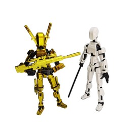MIMOX Gold and White T13 Action Figures, Multi-Joint Movable Interacts with Weapons 13cm/5.4", 2-Pack, Puzzle Lucky Dummy13 Stick Bots, 3D Printed Titan Stickman Robot Dolls, Magnetic Stand Animation