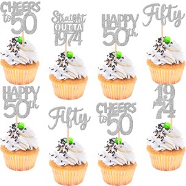 30 piezas de adornos para cupcakes de 50 cumpleaños con purpurina para 50 años de 50 cumpleaños, boda, aniversario, fiesta, decoración de pasteles, color plateado