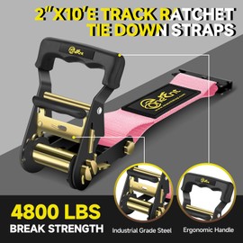 4Pcs 2” x10 ft E Track Ratchet with Wheel Chock Kit tie Down Straps for 4800 lbs Break Strength Heavy Duty Cargo Strap System Tie Down|E-Track Spring Fitting for ATV, UTV - Pink