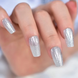 Pretty Glitter Finished Shiny Silver Press On Nails Medium Length Coffin False Nails Women Girls Nail Art Tips Salon DIY Manicure Reusable Fake Nails for Daily Office Home