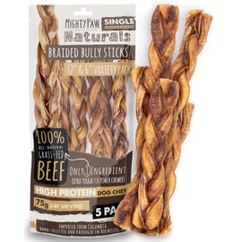Mighty Paw Braided Bully Sticks for Large Dogs (5 Pack) | Large Bully Sticks. Best Dog Bully Sticks for Medium Dogs. Twisted Treats for All Breeds. Odor Free Bully Sticks. Thick 12” & 6” Variety Pack