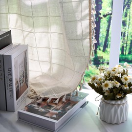 ggaimwf 135 x 175 cm Boho Striped Rod Pocket Curtain with Tassel Beige Checked Bohemian Soft Polyester Linen Farmhouse Semi-Transparent Window Curtains for Living Room Bedroom, 1 Panel