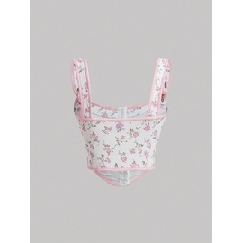 Milumia Women's Ditsy Floral Corset Top Knot Front Square Neck Curved Hem Cami Tank Tops Pink and White Large