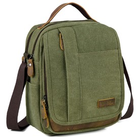 VASCHY Man Bag, Water Resistant Canvas Shoulder Bag Mens Small Messenger Bag with Multiple Pockets and Genuine Leather Top Handle Satchel Bag for Women Fits 8 Inch Ipad，Phones(Green)