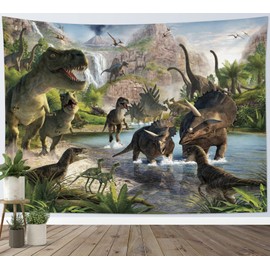 HVEST Tapiz de dinosaurio salvaje antiguo depredador, tapiz de fondo para colgar en la pared, árboles verdes y montaña, decoración de pared para recámara, sala de estar, recámara, fiesta, suministros de 80 pulgadas de ancho x 60 pulgadas de alto