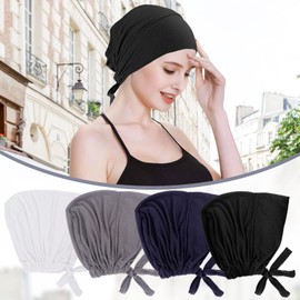 Pack of 4 Women's Undercap Hijab Turban Hijab Underscarf Hijab Islamic Muslim Underscarf Hijab Cap with Tie Back Closure Solid Colour Under Scarf Hijab Hat Turban Headpiece, ['black', 'white', 'gray',