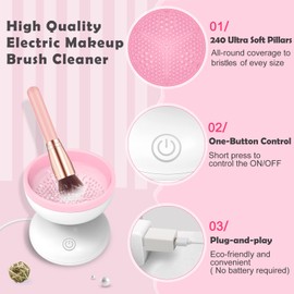 Electric Makeup Brush Cleaner Newest Design, Luxiv Wash Makeup Brush Cleaner Machine Fit for All Size Brushes Automatic Spinner Machine, Makeup Brush Beauty Blender Cleaner (White+Pink)