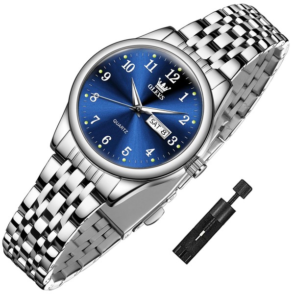 OLEVS Silver Watches For Women Fashoin Blue Dial Womens Watches