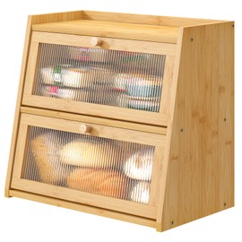 viewcare Bread Box for Kitchen Counter, Double Layer Large Bamboo Wood Bread Box, Bamboo Bread Storage Container with Wavy Acrylic Transparent Door