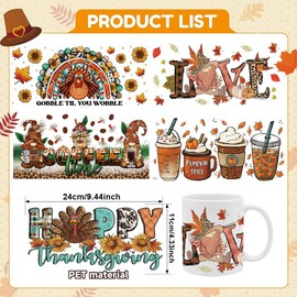 UV DTF Cup Wraps Stickers - 5 Sheets Fall Thanksgiving Day UV DTF Cup Wraps for 16 OZ, Autumn Turkey Dwarf Maple Leaf Designs UVDTF Decals, Fall Harvest Theme Rub on Transfer Decal for Glass Mug