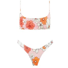 VOLAFA Women's Triangle Bikini Set Smocked Textured Scoop Frilled Print Ruched Elastic Swimsuit Two Piece Bathing Suit (Orange 2, Small)