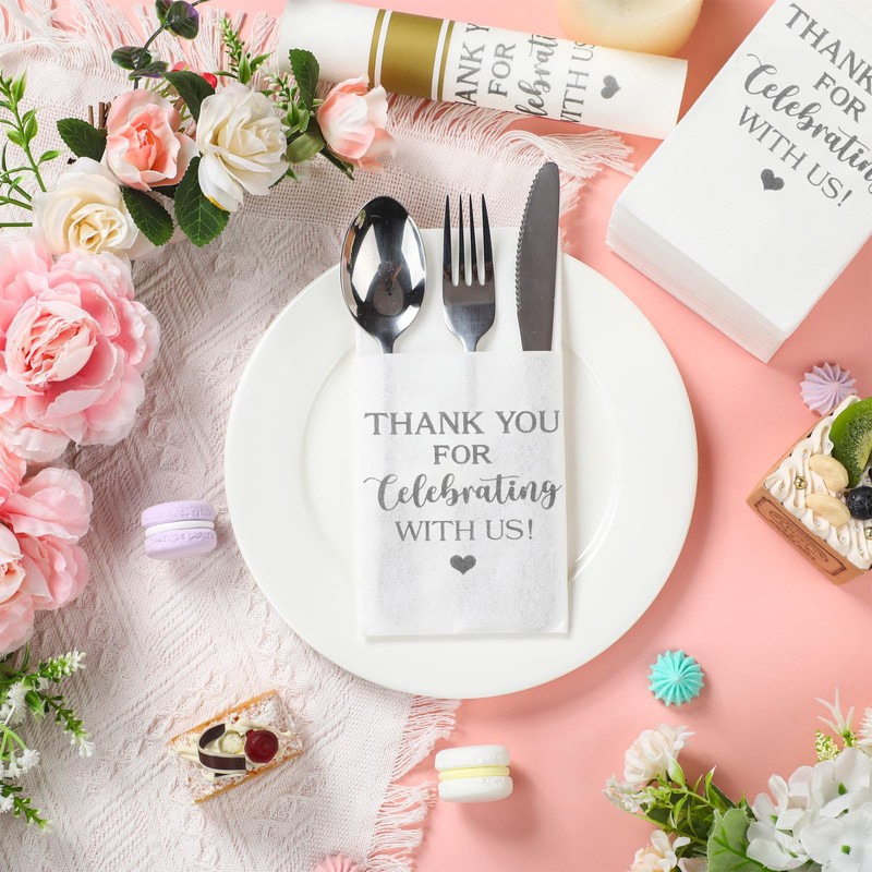 Fuutreo 100 Pcs Wedding Linen Feel Napkins Pocket Disposable Flatware