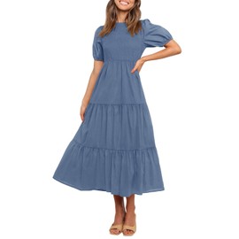 ZESICA Women's Casual Summer Crew Neck Short Puff Sleeve Smocked High Waist Ruffle Tiered A Line Midi Dress,Dustyblue,X-Large